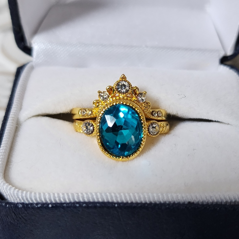 Blue Zircon princess crown gold stack rings size 6.5 Set of Two Rings NWT